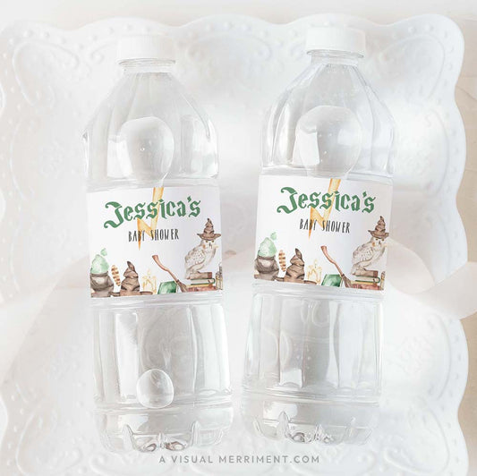 2 bottles with harry potter inspired baby shower custom water bottle labels on white plate