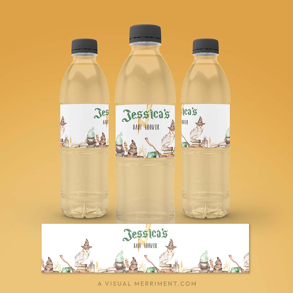 3 water bottles with baby shower custom water bottle label with magic school harry potter style design