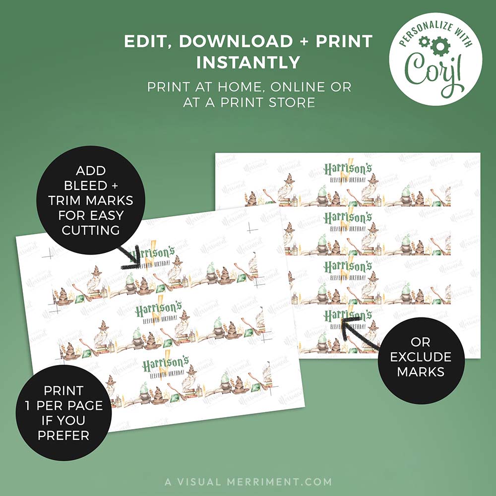 2 pages with instructions for editable water bottle label template with magic harry potter style