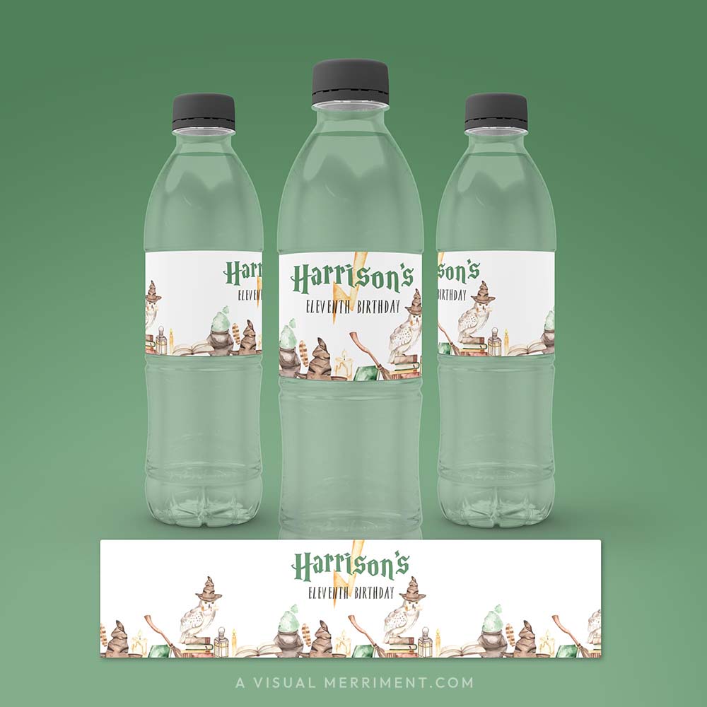 3 water bottles with labels and a laid out custom water bottle label with magic school harry potter style design