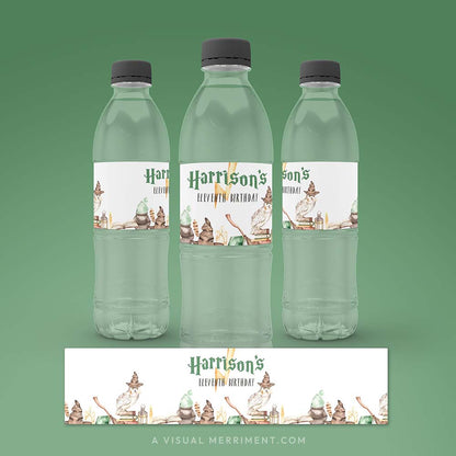 3 water bottles with labels and a laid out custom water bottle label with magic school harry potter style design