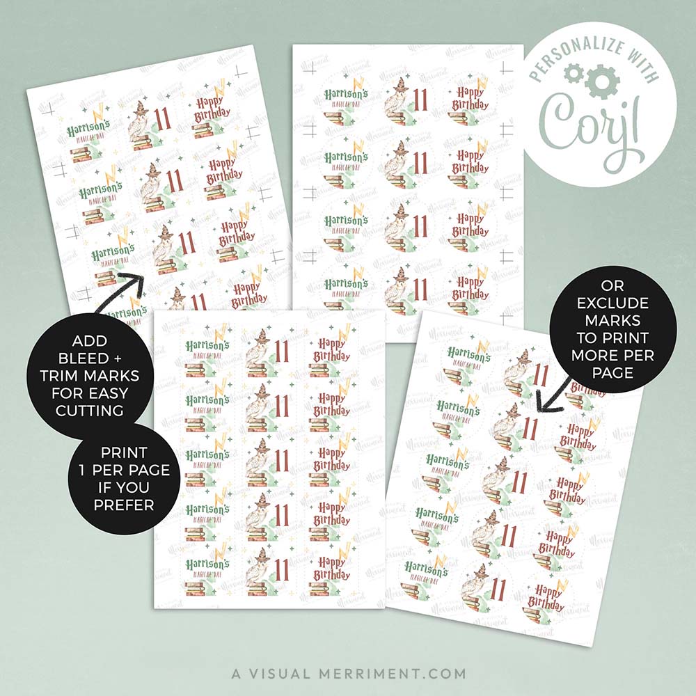 4 sheets of personalized wizard magic school cupcake toppers in harry potter style