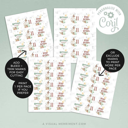 4 sheets of personalized wizard magic school cupcake toppers in harry potter style