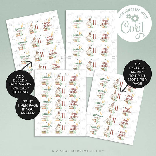 4 sheets of personalized wizard magic school cupcake toppers in harry potter style