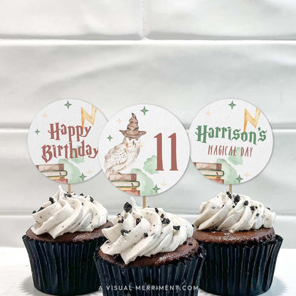 3 cupcakes with harry potter inspired printable cupcake topper circles with magic elements in cakes