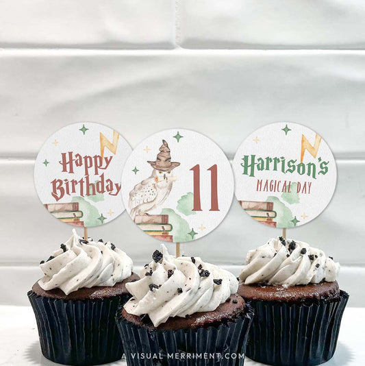 3 cupcakes with harry potter inspired printable cupcake topper circles with magic elements in cakes