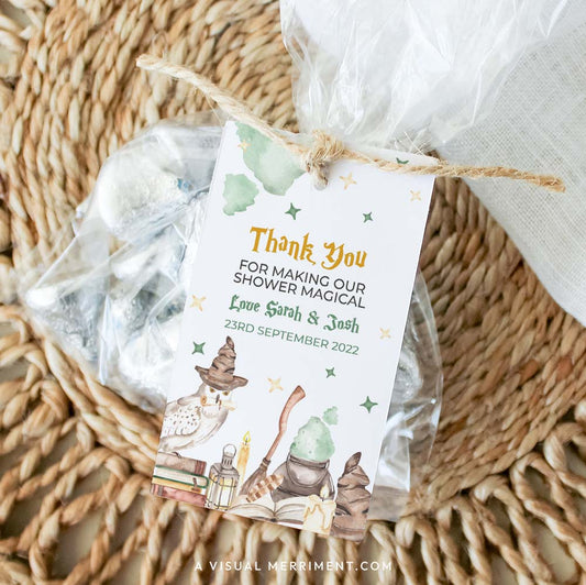 Harry potter style baby shower editable gift tag template with wizard school elements attached to bag of treats
