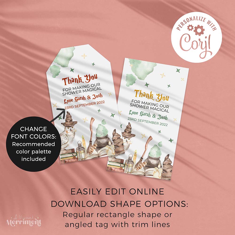 2 printable baby shower custom gift tags with magic wizard school design in a harry potter style theme