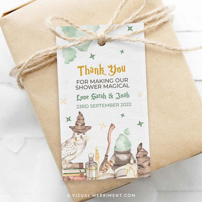 Harry potter style baby shower editable gift tag template with wizard school elements on wrapped gift