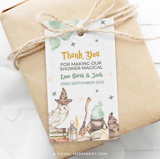 Harry potter style baby shower editable gift tag template with wizard school elements on wrapped gift