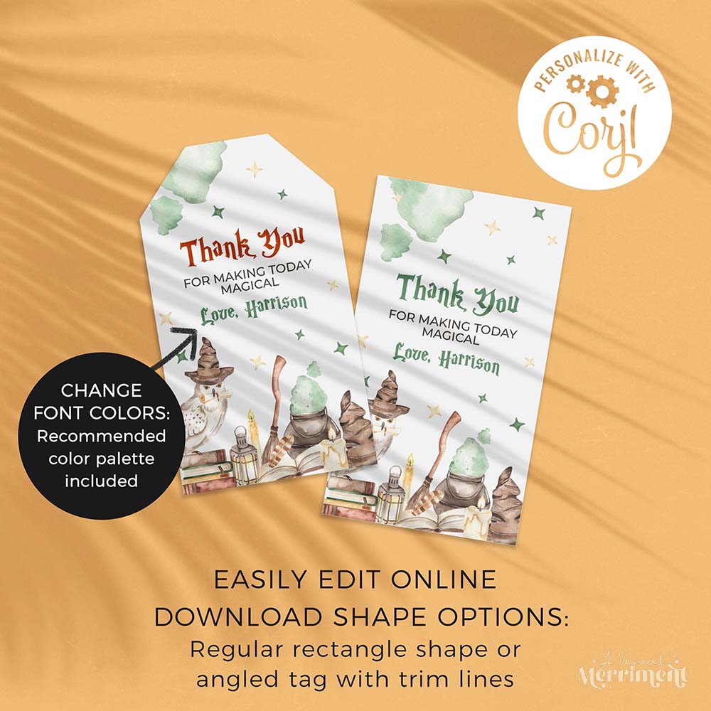 2 printable custom gift tags with magic wizard school design in a harry potter style theme