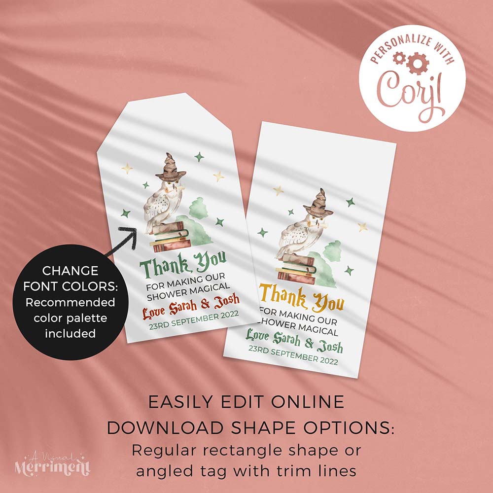 2 printable baby shower custom gift tags with owl and books design in a harry potter style theme