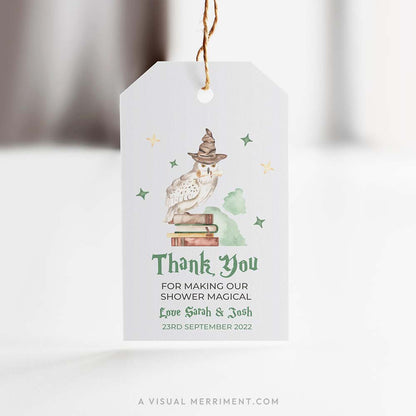 hanging baby shower printable gift tag with owl and books design in a harry potter style theme