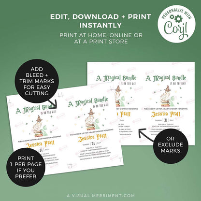 2 pages with instructions for baby shower wizard school invitation template in magic a harry potter inspired design