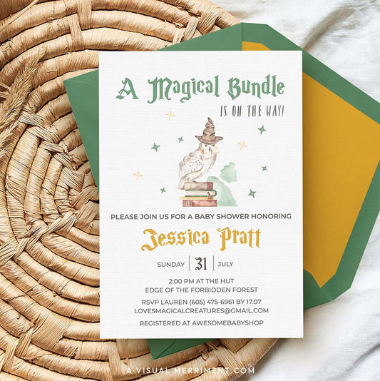 Wizard school baby shower invitation template in a magical Harry Potter style with envelope on grass mat