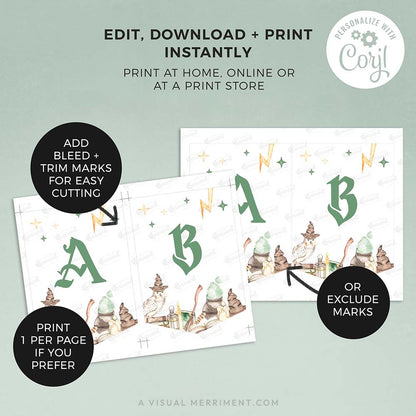 2 pages with instructions for wizard school printable banner template in a harry potter inspired magical design