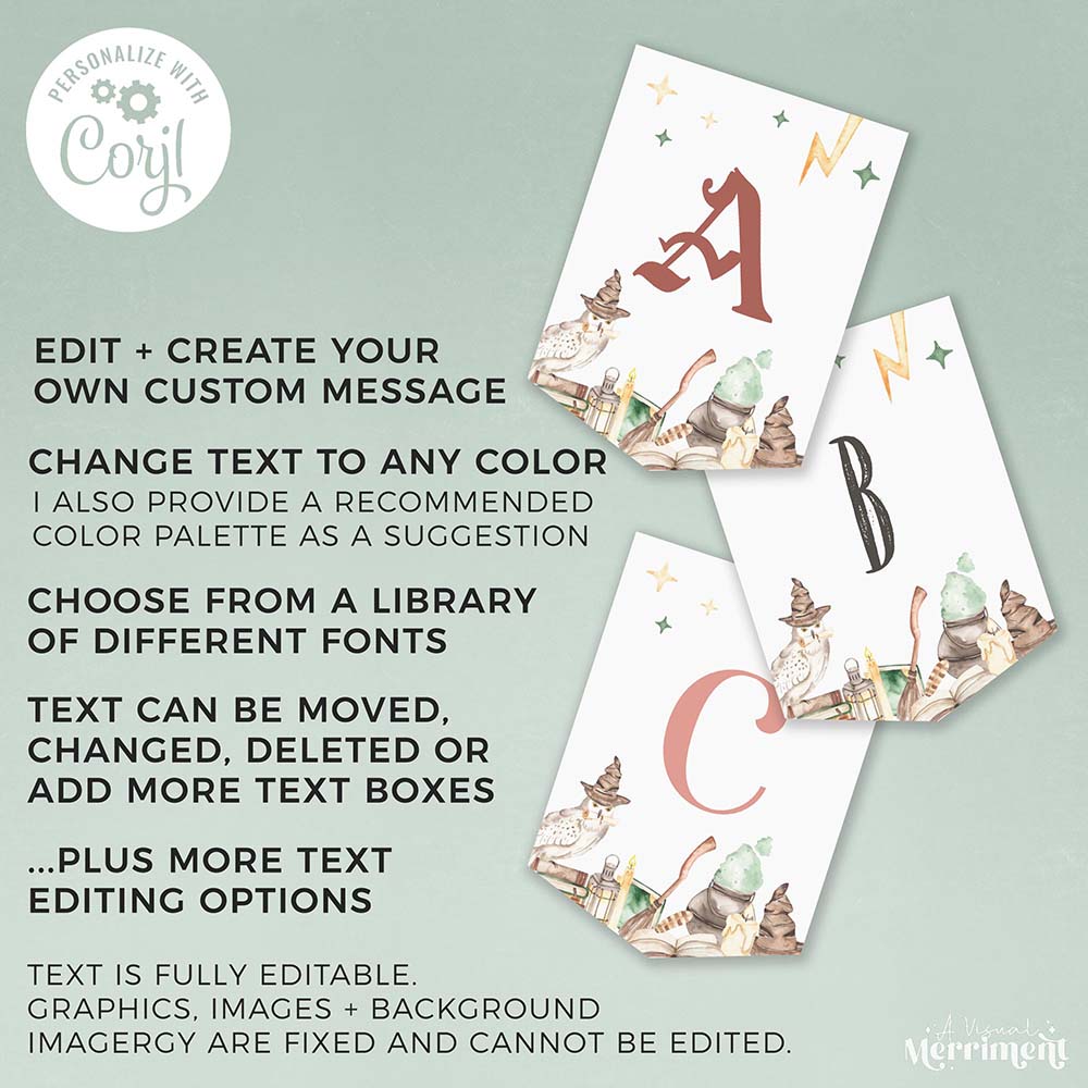 Instructions for printing editable banner template flags in harry potter style with magical elements