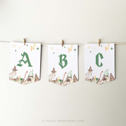 printable ABC banner flags hanging with pegs in harry potter style with magic wizard school elements