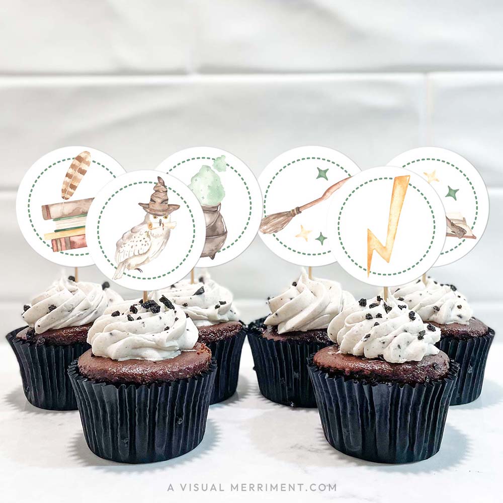 Harry Potter themed birthday cupcake toppers for a wizard school party, shown on six decorated cupcakes