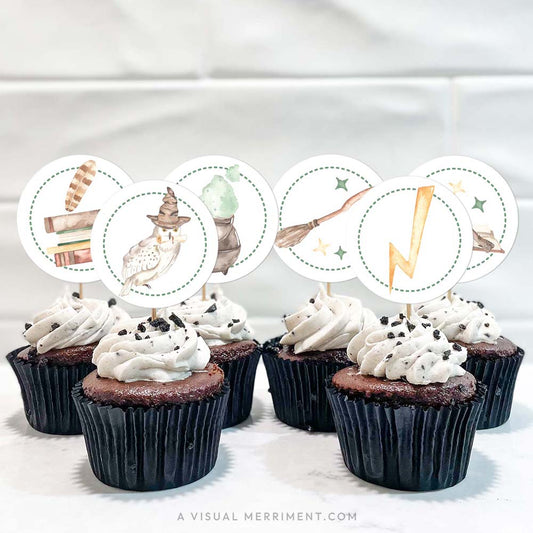 Harry Potter themed birthday cupcake toppers for a wizard school party, shown on six decorated cupcakes