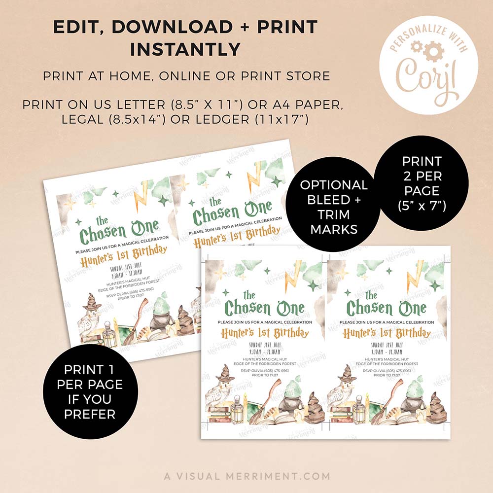 2 pages with instructions for wizard school first birthday invitation template in a harry potter inspired magical design