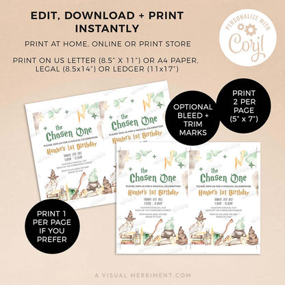 2 pages with instructions for wizard school first birthday invitation template in a harry potter inspired magical design