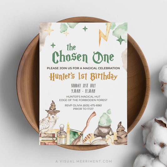 Wizard school first birthday invitation template in a Harry Potter style with magic elements on a wooden bowl