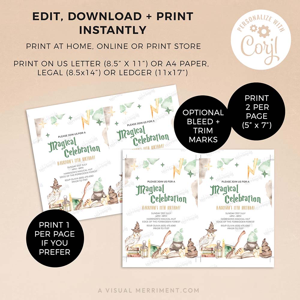 2 pages with instructions for wizard school invitation template in a harry potter inspired magical design