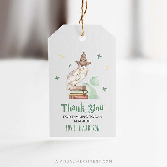 Hanging printable gift tag with owl and books design in a harry potter style theme