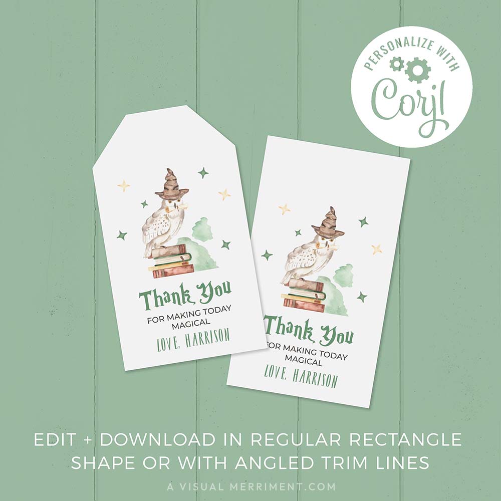 2 printable custom gift tags with owl and books design in a harry potter style theme