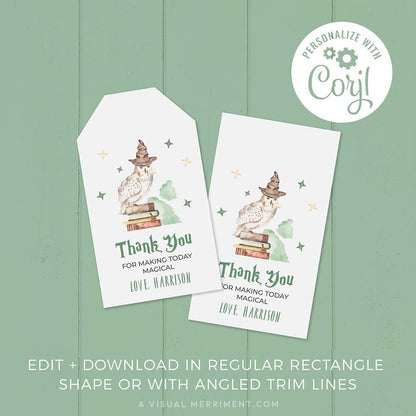 2 printable custom gift tags with owl and books design in a harry potter style theme