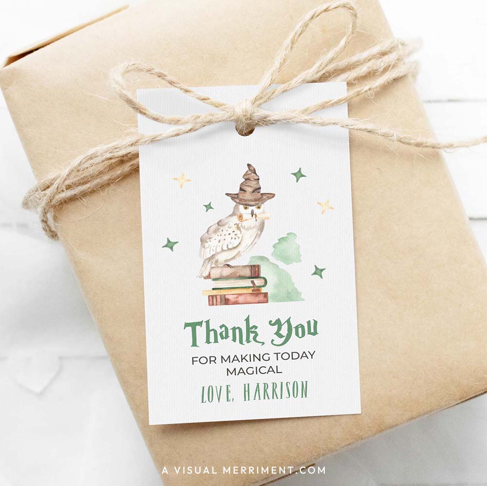 Harry potter style thank you editable gift tag template with wizard school elements on wrapped gift