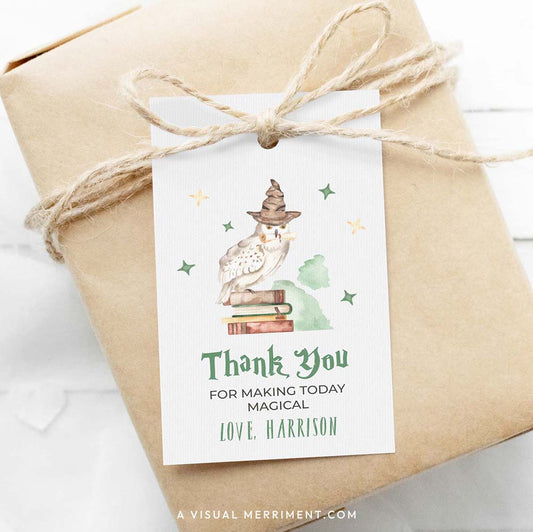Harry potter style thank you editable gift tag template with wizard school elements on wrapped gift