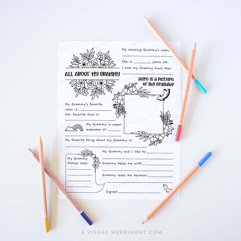 Fill in the blank worksheet for children about their Grammy grandmother with colored pencils