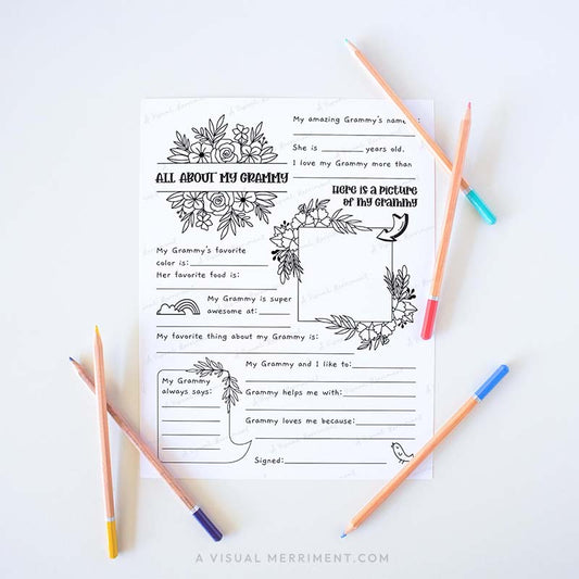 Fill in the blank worksheet for children about their Grammy grandmother with colored pencils