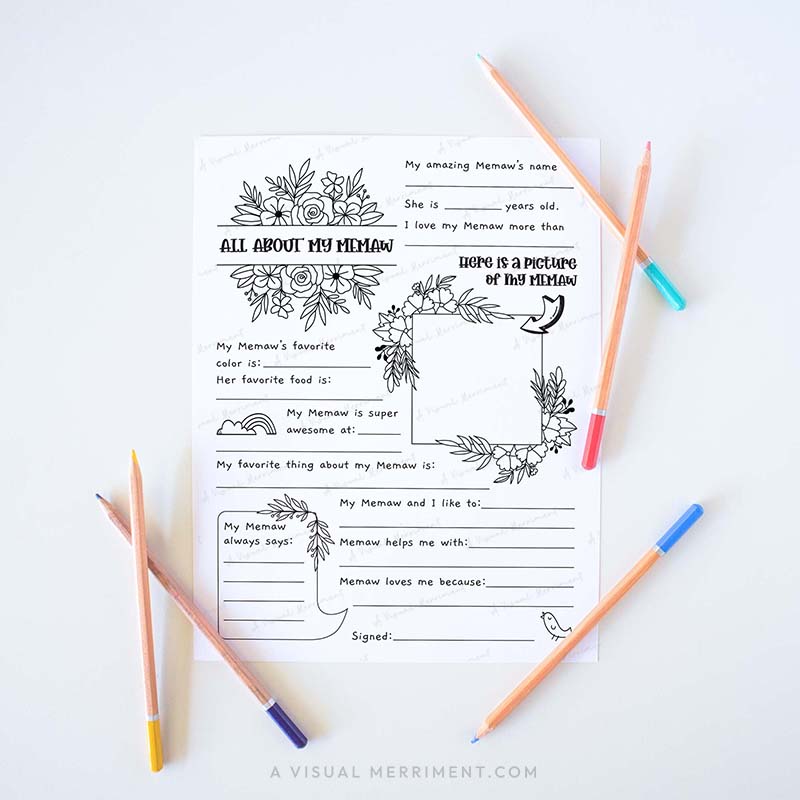 Fill in the blank worksheet for children about their Memaw grandmother with colored pencils