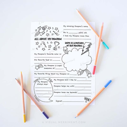 Fill in the blank worksheet for children about their pawpaw grandfather with colored pencils