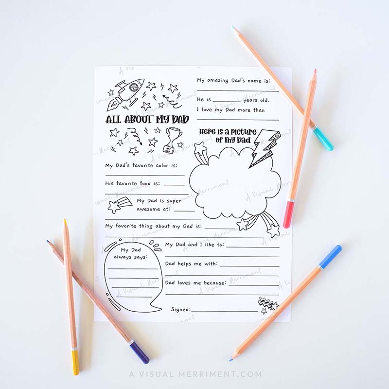Fill in the blank worksheet for children about their father with colored pencils