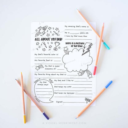 Fill in the blank worksheet for children about their father with colored pencils