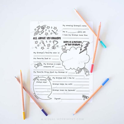 Fill in the blank worksheet for children about their gramps grandfather with colored pencils