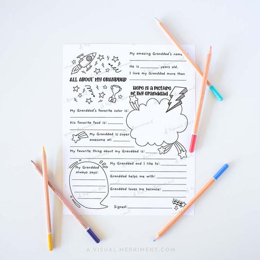 Fill in the blank worksheet for children about their granddad grandfather with colored pencils