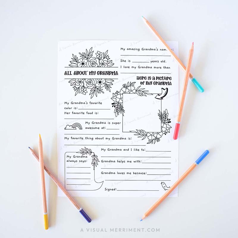 Fill in the blank worksheet for children about their Grandma grandmother with colored pencils