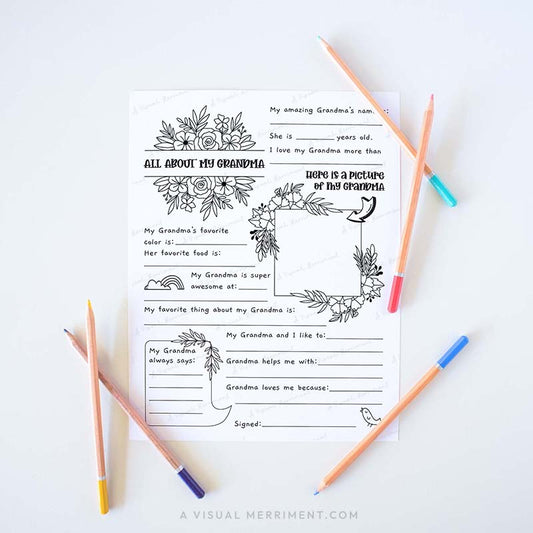 Fill in the blank worksheet for children about their Grandma grandmother with colored pencils