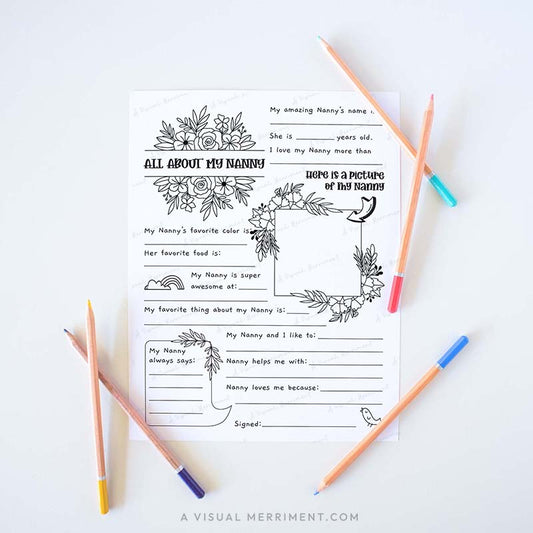 Fill in the blank worksheet for children about their Nanny grandmother with colored pencils