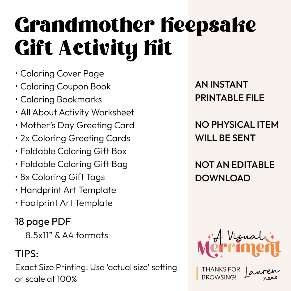 Product description of printable Grandmother Keepsake Gift Activity Kit with items included