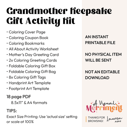 Product description of printable Grandmother Keepsake Gift Activity Kit with items included