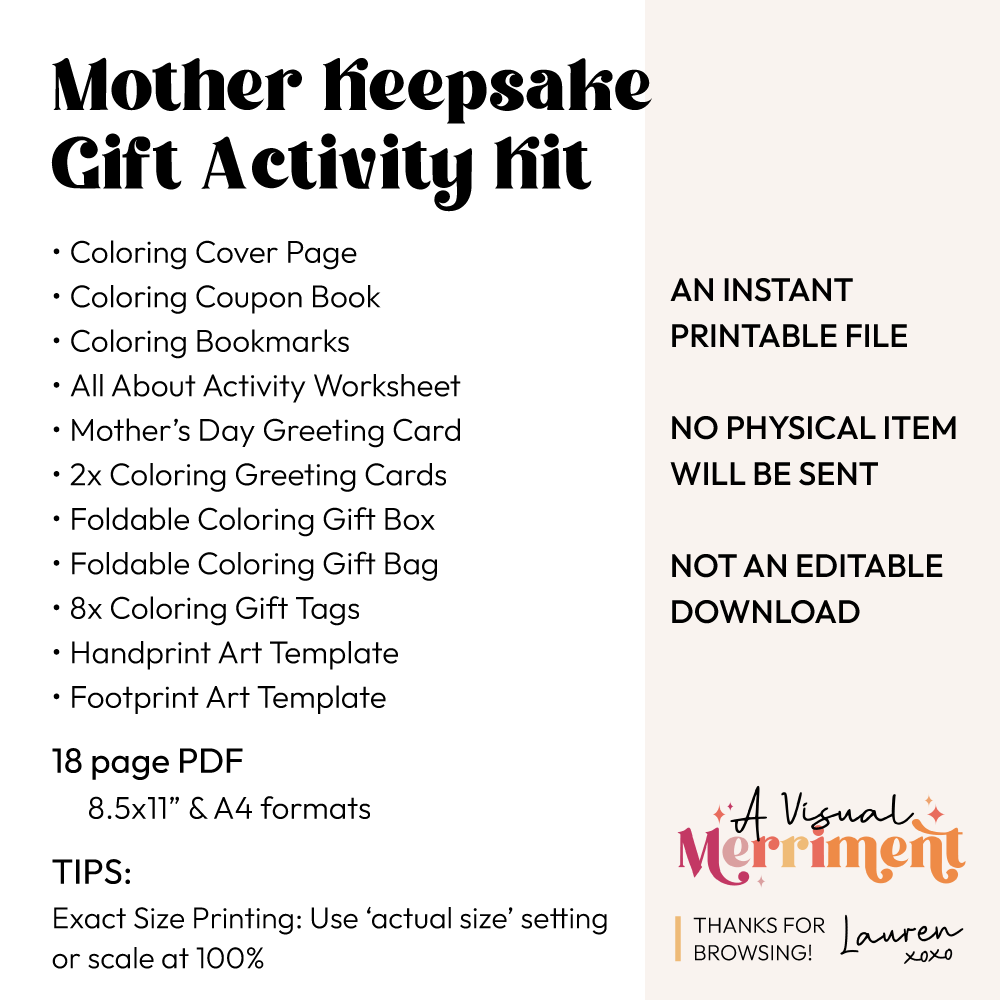 Product description of printable mother Keepsake Gift Activity Kit with items included