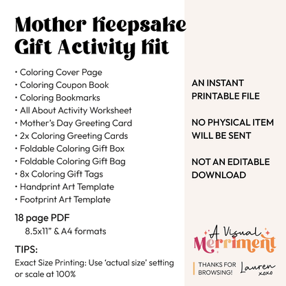 Product description of printable mother Keepsake Gift Activity Kit with items included