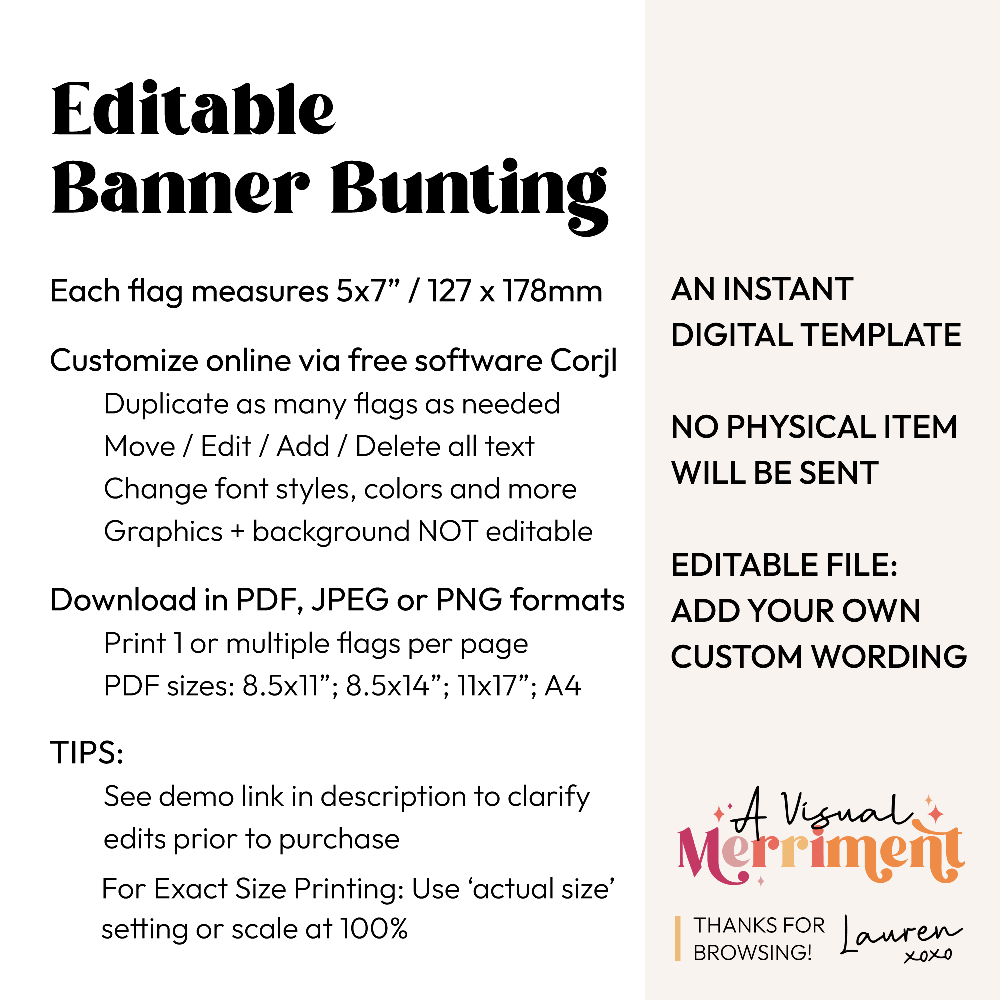 Graphic for an editable banner bunting template with product features  and purchasing information
