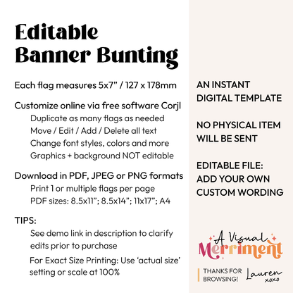 Graphic for an editable banner bunting template with product features  and purchasing information